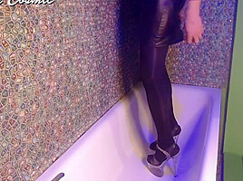 Wetting Myself In Black Outfit & Heels In Shower. Pissing & Wetlook Black Shine Leggings Skirt & Combi Dress